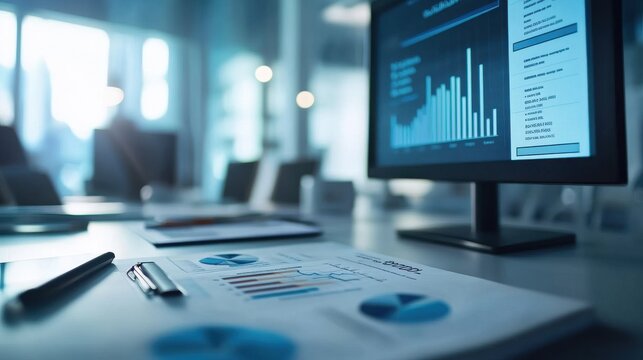 Professional Office Workspace Featuring Analytical Reports, Charts, and Graphs on Desk with Computer Displaying Data Visualization Insights in Corporate Environment