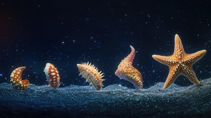Starfish life cycle depicted step-by-step, showing the metamorphosis from the early planktonic larva to the fully developed adult, highlighting the transformations in a clean, educational infographic 