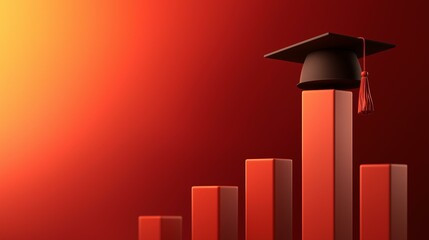 Cap, symbol of the result of education. A graduation cap sits atop a tall bar graph against a gradient red background, symbolizing academic success and progress.