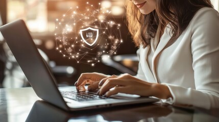 A businesswoman working on her laptop with digital security symbols and shield icon floating above...