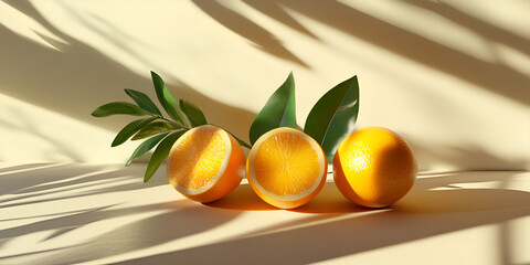 Close-Up of Golden Oranges with Green Leaves in Sunlit Setting