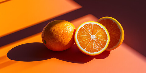 Trio of Oranges, Whole and Peeled, on Sunlit Table