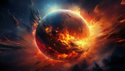 Obraz premium Burning and exploding planet