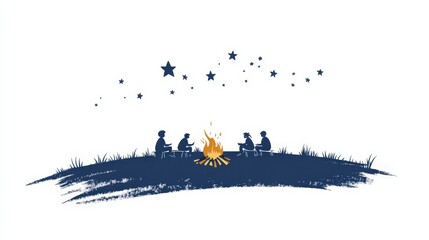 Illustration of a Group of Friends Gathering Around a Campfire Under a Starry Night Sky Highlighting the Joys of Outdoor Adventures and Connection with Nature