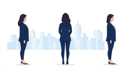 Obraz premium Abstract illustration of a confident businesswoman in a suit standing in three different perspectives with a modern city skyline background, showcasing professionalism and empowerment.