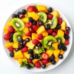 Obraz premium A white bowl filled with a colorful fruit salad of mango, kiwi, raspberries, blackberries, and blueberries.