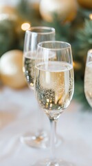 Champagne glasses raised for a toast, golden and silver decorations, festive and joyful moment