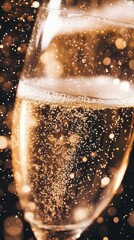 Champagne glasses raised for a toast, golden and silver decorations, festive and joyful moment