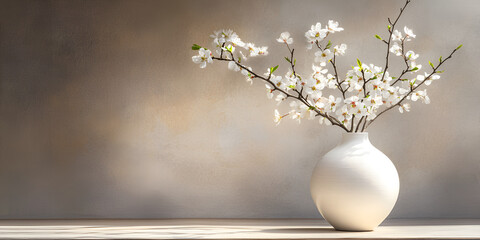 White Vase with Cherry Blossoms on a Table
