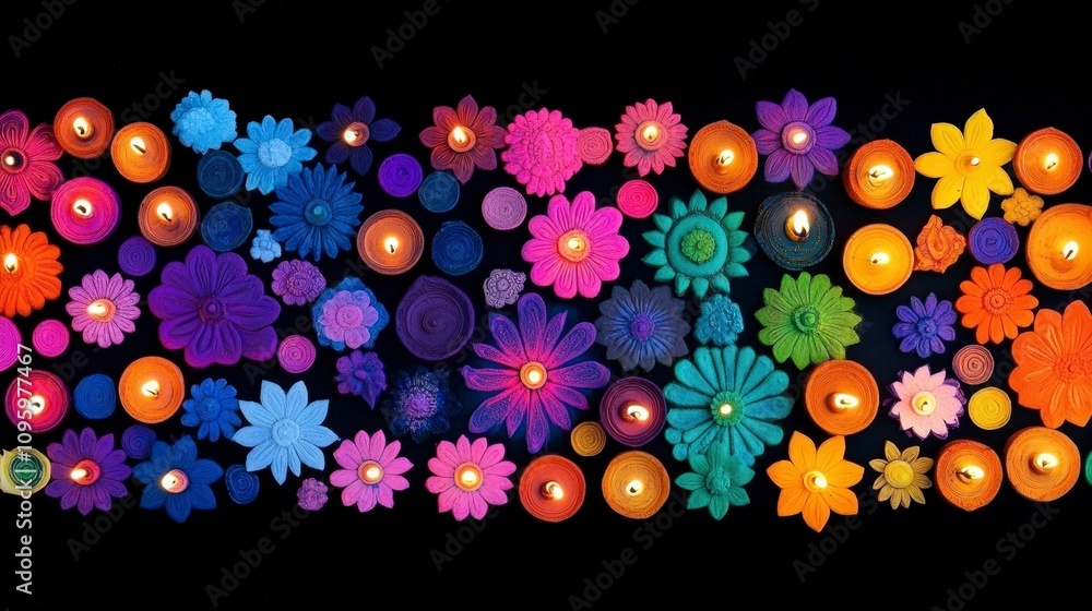 Aufkleber a vibrant array of colorful flowers and candles illuminating a dark background, creating a stunning 