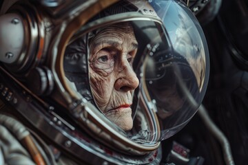Elderly astronaut returns home in vintage space suit. Sci fi exploration.