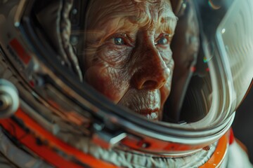 Elderly astronaut returns home in vintage space suit. Sci fi exploration.