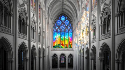 Fototapeta premium Majestic Interior of a Grand Cathedral with Colorful Stained Glass Windows Creating a Spiritual Atmosphere of Light and Serenity