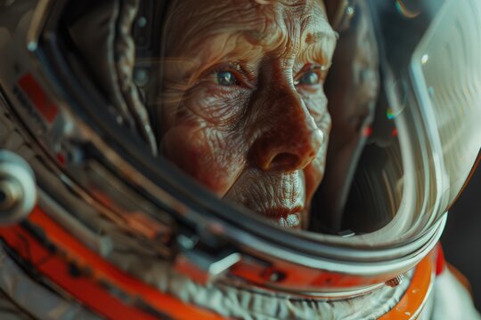 Elderly astronaut returns home in vintage space suit. Sci fi exploration.