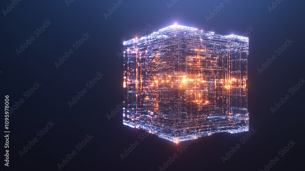 Poster glowing cube abstract: a futuristic, stylized cube with intricate details and vibrant orange and blu