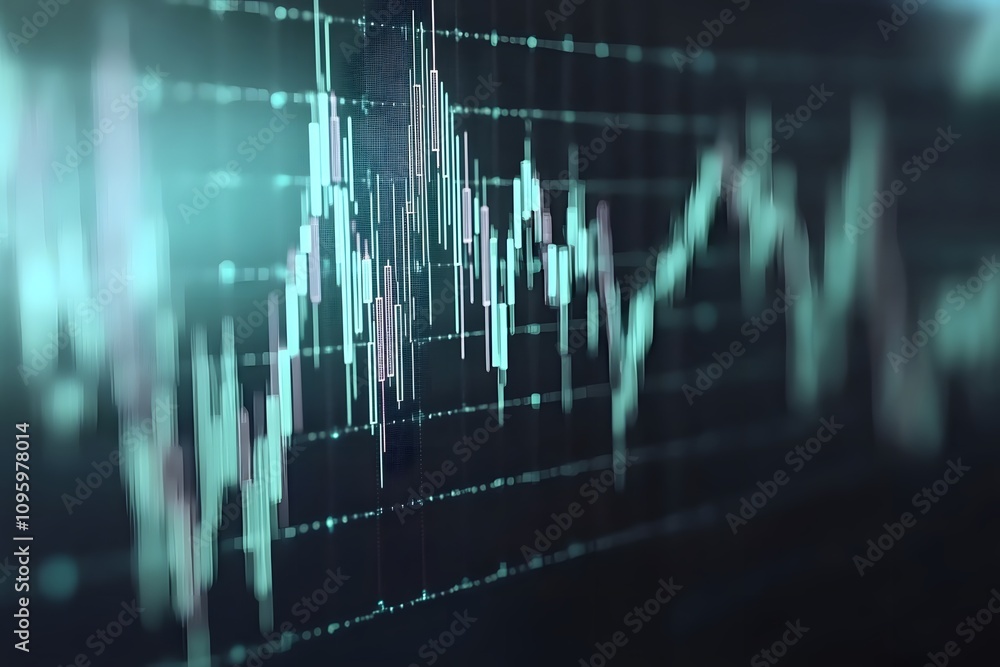 Poster a close-up of a digital stock market chart displaying fluctuating financial data.