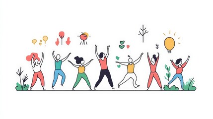 Fototapeta premium Joyful Group of Diverse People Celebrating with Colorful Illustrations, Expressing Happiness and Positivity, Embracing Community and Connection in a Vibrant Design