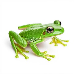 Naklejka premium Macro Shot of a Green Frog Sitting on White Background