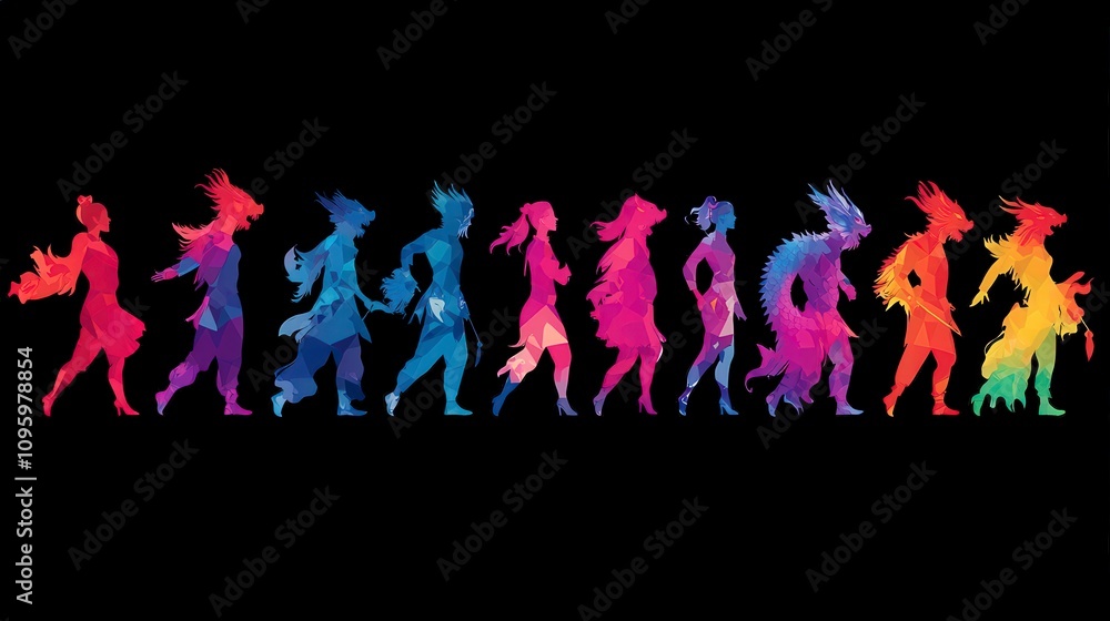 Poster colorful silhouettes of diverse characters in dynamic poses with a gradient effect on black backgrou