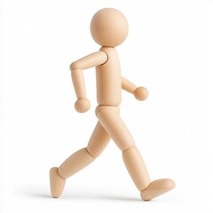 Detailed Macro Wooden Mannequin Running in Side View Pose on White Background