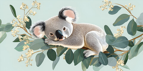 Cute Koala Bear Lying on Branch with Green Leaves Facing Camera
