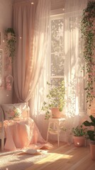 Sunlight streams through a window in a cozy, pink bedroom with a bed, plants, and sheer curtains.