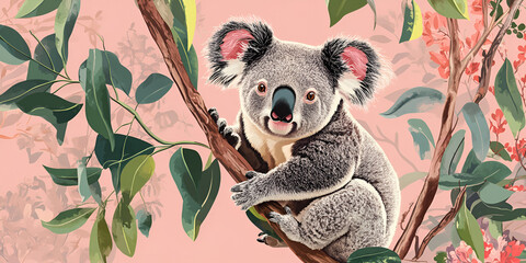 Cute Koala Sitting on Tree Branch Surrounded by Leaves