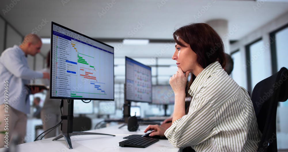Aufkleber businesspeople analyzing gantt chart and calendar on computer