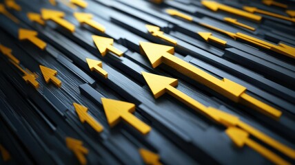 SEO strategy visuals with arrows and growth metrics, professional style, 3D illustration