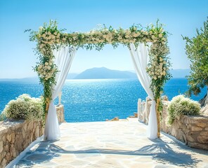 Fototapeta premium A Greece arch with Mediterranean architecture in the background overlooking the sea decorated in a wedding style with flowers