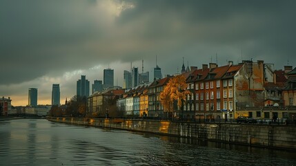 The skyline of Warsaw with modern glass skyscrapers and historical buildings.