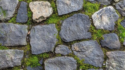Fototapeta premium Seamless dark gray cobblestone texture with a rough, weathered finish, forming an aged stone pathway with visible moss details for a more organic feel