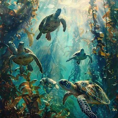Obraz premium Sea turtles swim in a kelp forest, sunbeams filtering through the water.