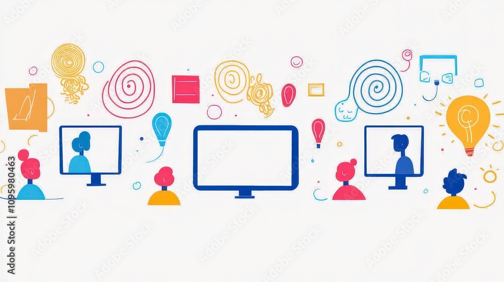 Poster creative illustration of virtual learning environment with diverse characters engaged in remote educ