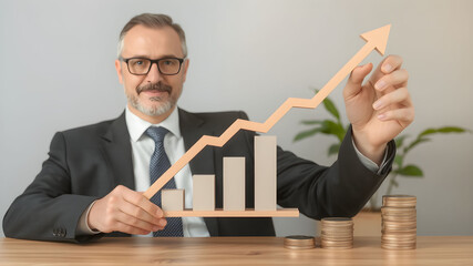 Businessman holding of bar graph with percentage financial banking and chart growth business concept