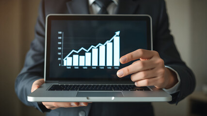 Businessman holding of bar graph with percentage financial banking and chart growth business concept