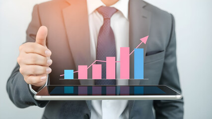 Businessman holding of bar graph with percentage financial banking and chart growth business concept