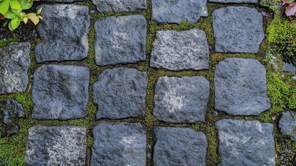 Obraz premium Seamless dark gray cobblestone texture with a rough, weathered finish, forming an aged stone pathway with visible moss details for a more organic feel