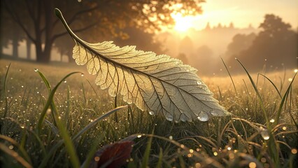 â€¢ Morning tranquility: a delicate leaf undulates in the soft light, amidst dew-kissed blades, warmed by the golden morning sun, creating a sense of stillness.