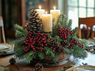 Rustic Christmas centerpiece with candles, pine cones, berries, and evergreen branches in a wooden bowl on a table.
