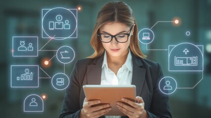 Boss woman analyzing data on the tablet with network icons around her. Businesswoman 
 entrepreneurship and productivity. 