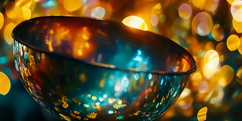 Close-Up of Glass Bowl with Red Interior, Filled with Water and Warm Light