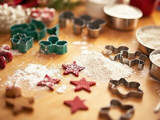 Christmas cookie cutters and star-shaped cookies on a floured surface.