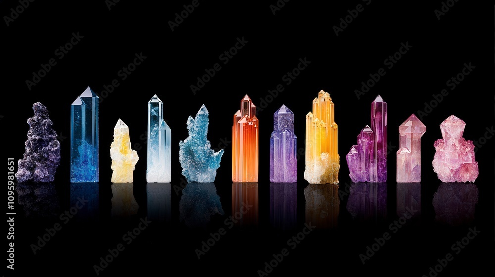 Poster stunning array of colorful crystals displayed on black background with reflective surface showcasing