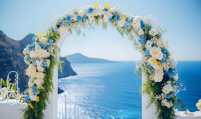 Fototapeta premium A Greece arch with Mediterranean architecture in the background overlooking the sea decorated in a wedding style with flowers