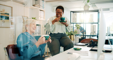 Coffee, office and staff with break from collaboration, teamwork and public relations job. Drink, management and laugh in the morning with happy, smile and success of professional group with tech