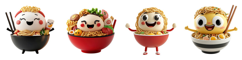Obraz premium 3D cartoon ramen bowl character isolated on white background. Collection PNG.