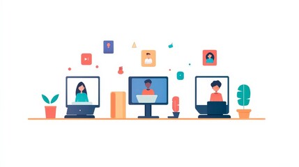 Fototapeta premium Colorful Digital Workspace Illustration Featuring Diverse Characters Engaged in Remote Work with Icons Representing Communication and Collaboration