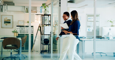 Business women, lawyer and conversation with walking, communication and smile from teamwork and...