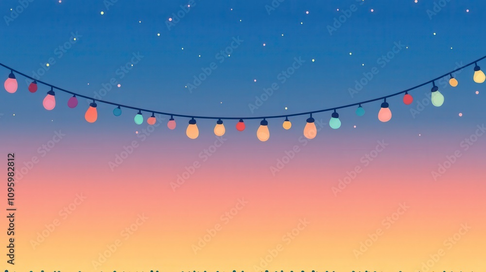 Aufkleber charming evening sky with soft gradient and colorful string lights illuminating a serene outdoor atm